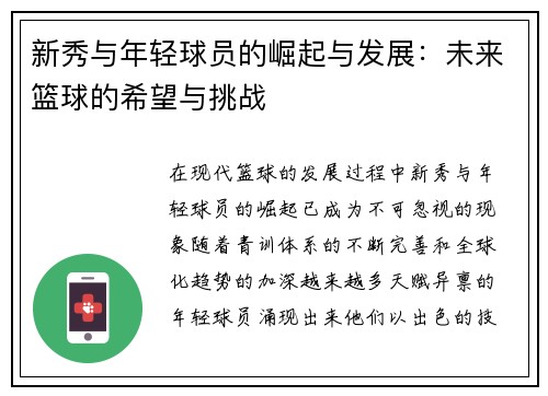 新秀与年轻球员的崛起与发展：未来篮球的希望与挑战
